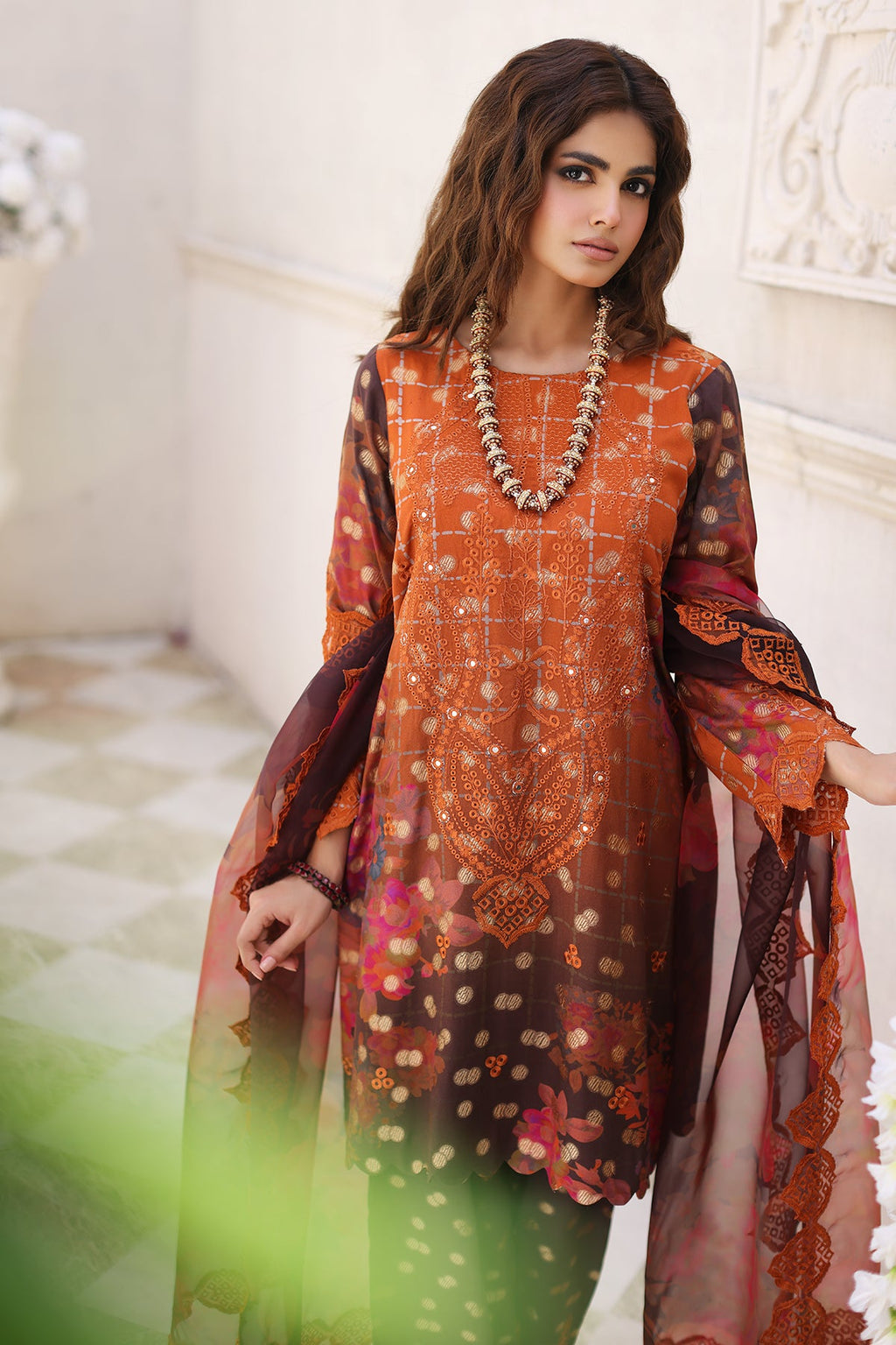 3-Pc Charizma Unstitched Embroidered Jacquard  With Embroidered Dupatta CRW-04