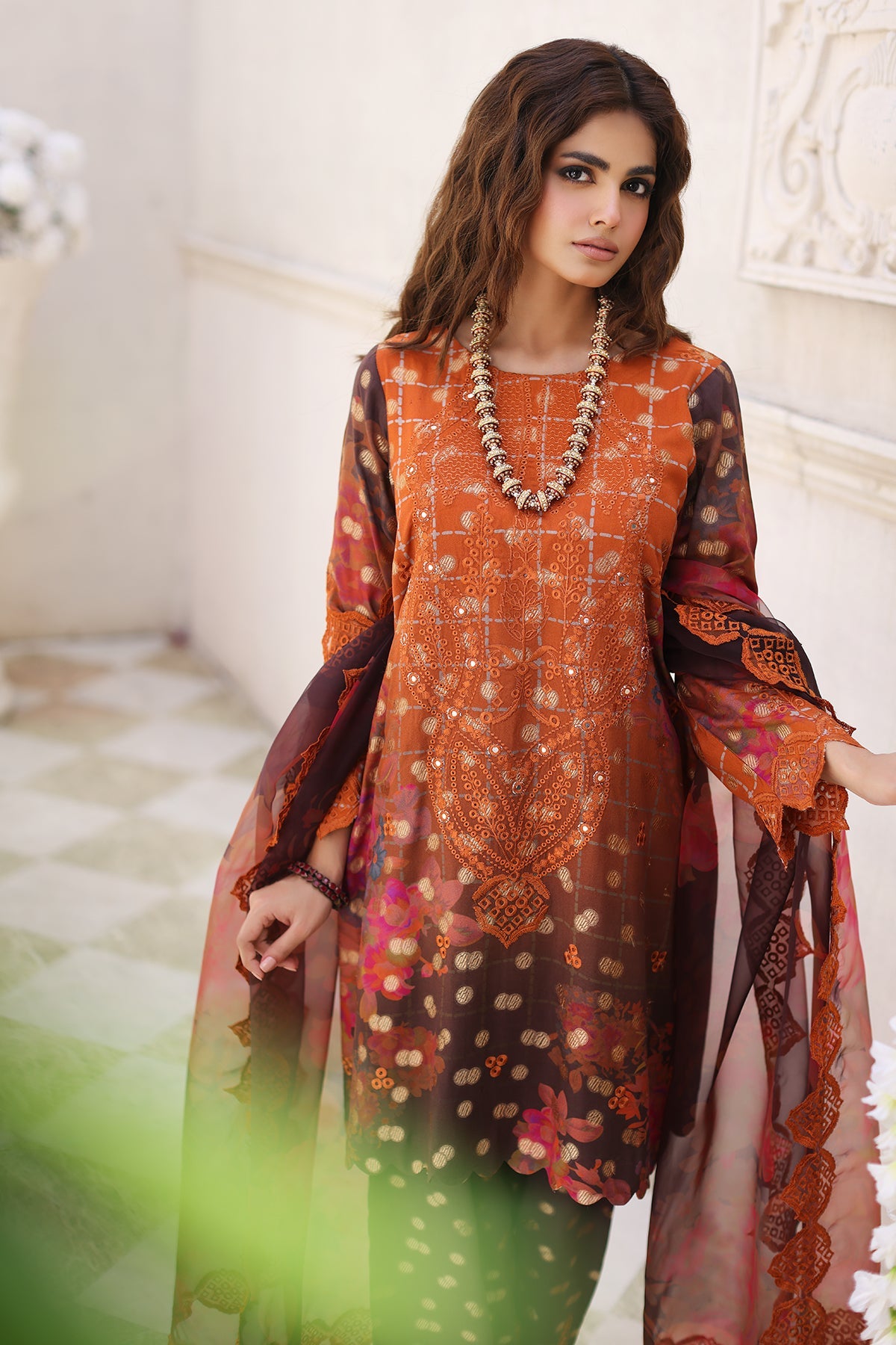 3-Pc Charizma Unstitched Embroidered Jacquard  With Embroidered Dupatta CRW-04